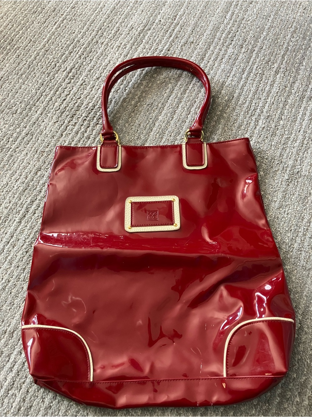 Estee Lauder Red Patent Tote with white Trim
